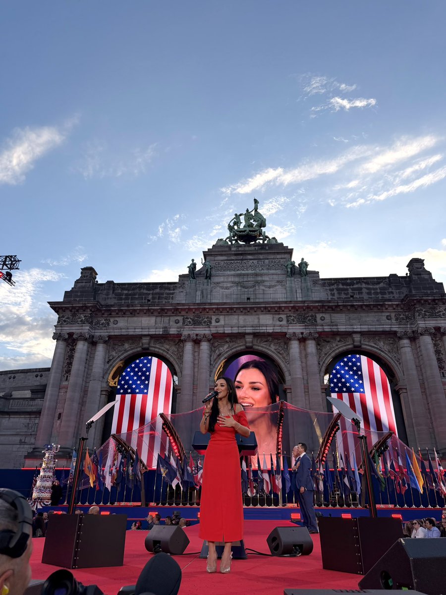 bethanyymmiller's tweet photo. Not over this beautiful moment of @AlexisWilkins singing the National Anthem at @USAmbToBelgium A250 event in Brussels. 🇺🇸 Something about seeing Old Glory abroad. https://t.co/SkfUiwSNVV