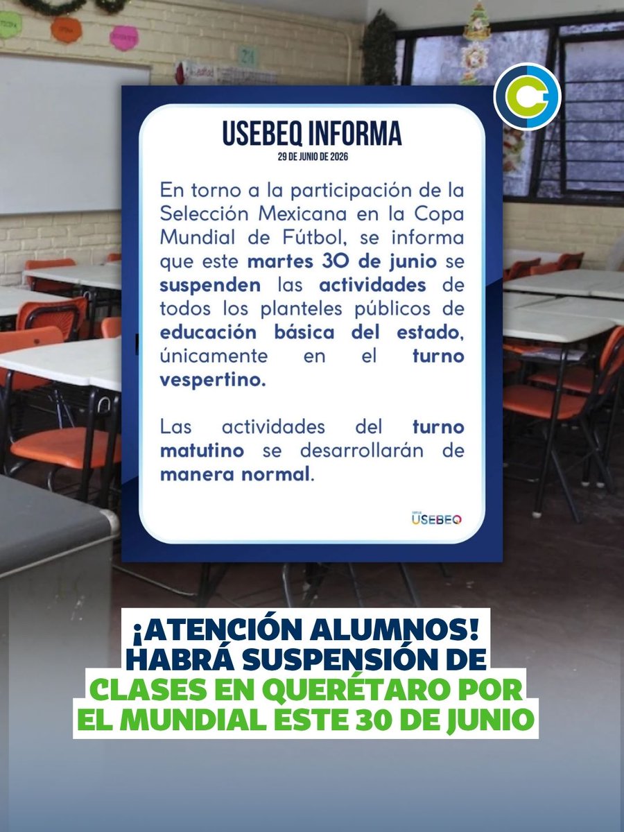 EjeCentral's tweet photo. ¡Aviso importante para padres y alumnos! 📝 Este 30 de junio, la educación básica pública en Querétaro tendrá suspensión de clases únicamente en el turno vespertino. Revisa toda la información oficial en https://t.co/YOm5WThLqi #Querétaro #Clases #Mundial #Aviso #USEBEQ https://t.co/YWn86zW10B