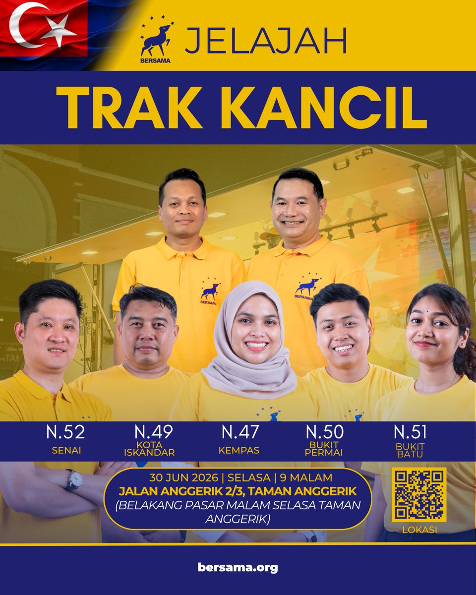 rafiziramli's tweet photo. 𝗧𝗥𝗔𝗞 𝗞𝗔𝗡𝗖𝗜𝗟 𝗦𝗜𝗡𝗚𝗚𝗔𝗛 𝗗𝗜 𝗗𝗨𝗡 𝗞𝗘𝗠𝗣𝗔𝗦 𝗠𝗔𝗟𝗔𝗠 𝗜𝗡𝗜

Jelajah Trak Kancil diteruskan malam ini di DUN Kempas.

Setiap malam, Trak Kancil singgah di kawasan yang ditandingi BERSAMA supaya calon-calon kami dapat bertemu rakyat, memperkenalkan diri serta berkongsi idea dan penyelesaian yang dibawa untuk Johor.

Malam ini, lima calon BERSAMA akan bersama-sama menyampaikan pandangan mereka:

📍 N.47 Kempas – Salamahafifi (Fifi)

📍 N.49 Kota Iskandar – Sahrudin Omar

📍 N.50 Bukit Permai – Aidil Riduan

📍 N.51 Bukit Batu – Tamili. G

📍 N.52 Senai – Dr. Tew Chian How

Jika anda berada di sekitar Kempas, kami mengalu-alukan kehadiran anda untuk bertemu calon-calon BERSAMA.

Bagi yang tidak dapat hadir, jelajah Trak Kancil malam ini turut disiarkan secara langsung di platform media sosial saya serta semua platform media sosial rasmi BERSAMA.

Butiran program:

🗓 30 Jun 2026 (Selasa)

🕘 9.00 malam

📍 Jalan Anggerik ⅔, Taman Anggerik
(Belakang Pasar Malam Selasa, Taman Anggerik)

Untuk memudahkan urusan penganjuran, daftarkan kehadiran anda melalui: https://t.co/gbBx0jgbJS 

Maklumat mengenai semua calon PRN Johor BERSAMA termasuk dokumen pengisytiharan harta mereka juga boleh didapati di https://t.co/gSEmkaewD8 

Jumpa kami malam ini di DUN Kempas.