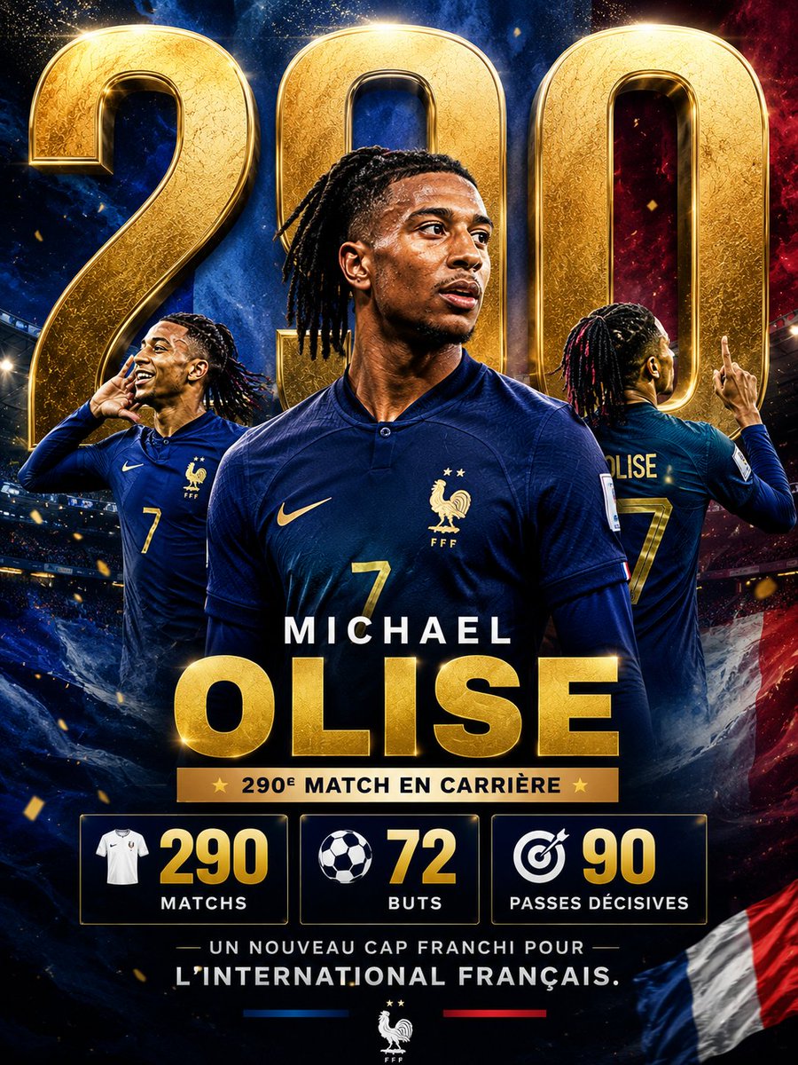 Actufoot_stats's tweet photo. 🇫🇷 Michael Olise va disputer le 290e match de sa carrière. 👕

⚽️ 72 buts
🎯 90 passes décisives
162 G/A. https://t.co/CC3Zh6EZwW