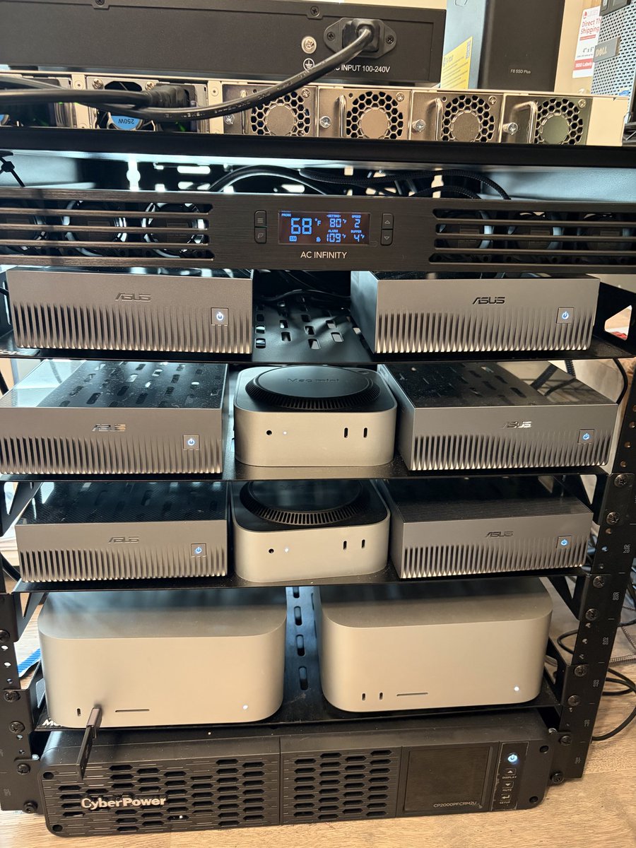 thatcofffeeguy's tweet photo. She lives… happy early birthday to me. “Just added my 6th ASUS GX10. Now running 6 GX10s, 2 Ultras, and 2 Minis — 1.5TB of VRAM local AI cluster. This thing is ridiculous. @ASUS #LocalAI #oss @nvidia https://t.co/znnC6lMH2K