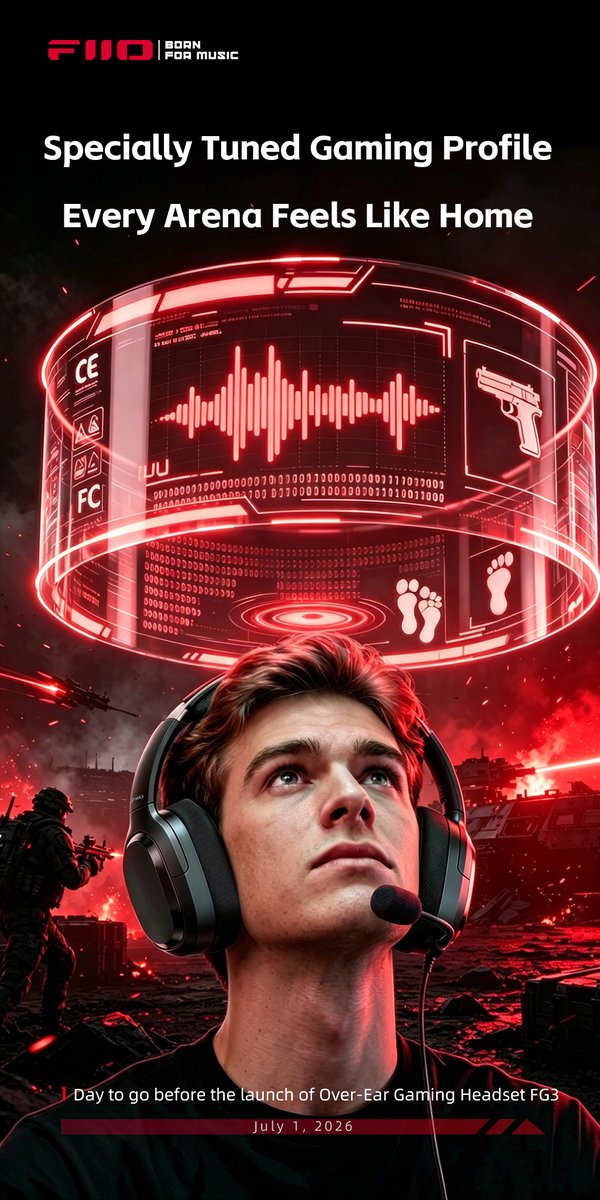 FIIO_official's tweet photo. 1 Day to go before the launch of Over-Ear Gaming Headset FG3🥳

Competition-grade sound, FIIO FG3
Custom-tuned gaming audio for hardcore gamers
Five preset audio profiles—
FPS, ACT, MOBA, MUG…
Covering mainstream game genres
Specially tuned 7.1 virtual surround sound
Immersive 3D sound for every competition
Supports 10-band high-precision PEQ via FIIO Control app
Unlock your optimal combat performance
Let FG3 understand and adapt to your competitive needs

#FIIO #FG3 #Headphones #Headset #Game