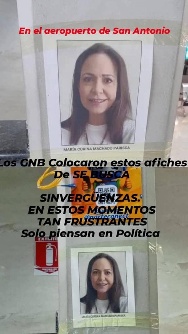 EmmaRincon's tweet photo. En el aeropuerto de San Antonio, en el estado Táchira, próximo a la frontera con Colombia, los Guardias del régimen dictatorial de Delcy Rodríguez pusieron afiches de "SE BUSCA" con el rostro de María Corina Machado. https://t.co/ckLViiDJoh