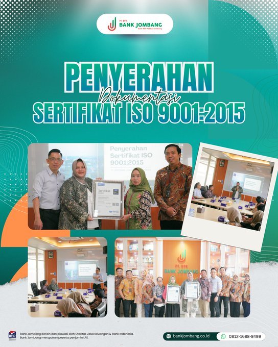MuhamadImamJul2's tweet photo. PT BPR Bank Jombang Perseroda secara resmi menerima Sertifikat ISO 9001:2015 sebagai bentuk pengakuan atas penerapan Sistem Manajemen Mutu yang berstandar internasional.

Bank Jombang berizin dan diawasi oleh OJK &amp; Bank Indonesia.
Bank Jombang merupakan peserta penjamin LPS https://t.co/k7GoWJwq6Q