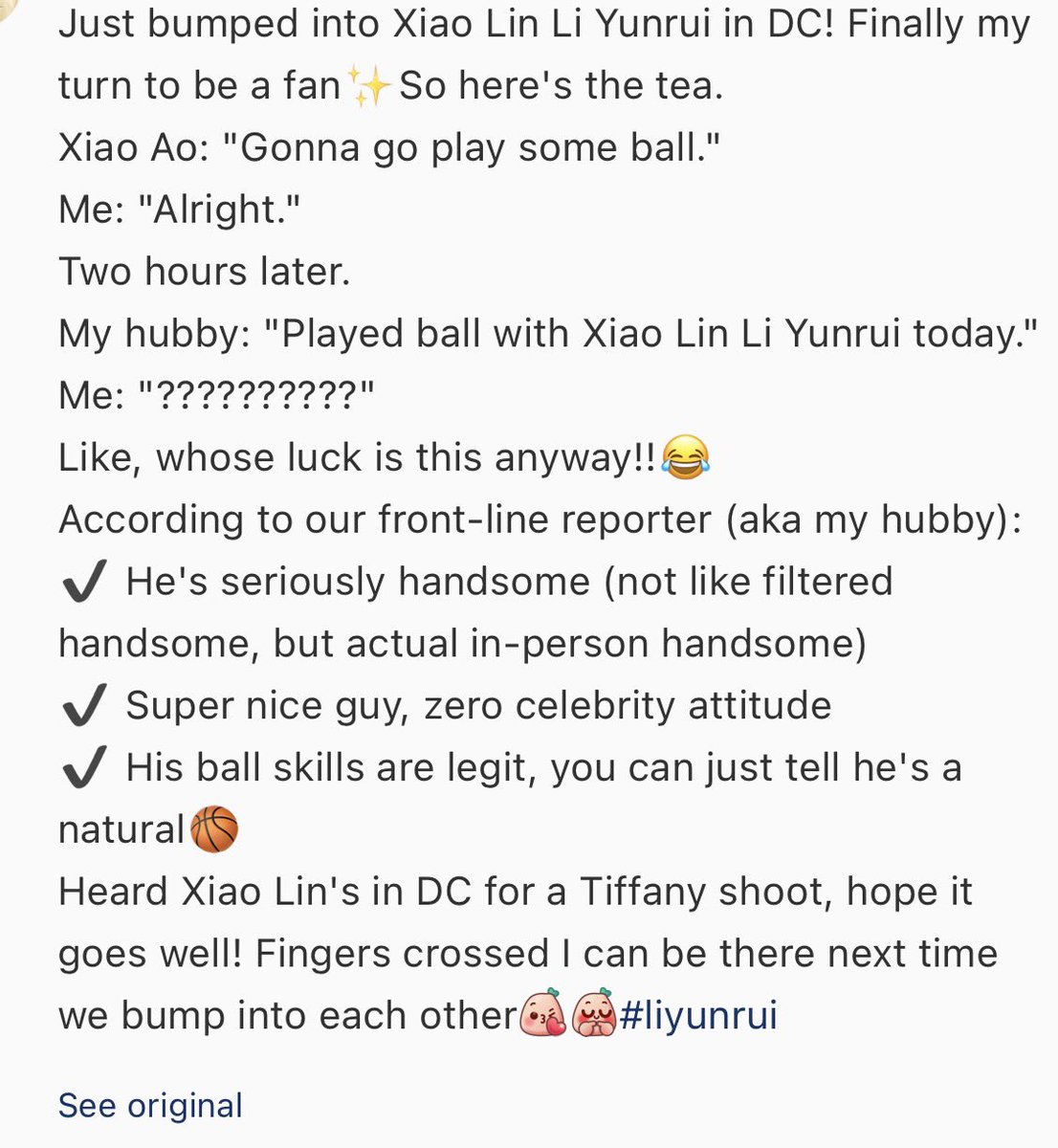 jiaolin24's tweet photo. OP got to play basketball with #LiYunrui in DC 💚 

Xiaolin was on rest day that's why there were no sightings of him 😁 

The vlogger's wife was Chinese and she is the one narrating the post 😂 who would have thought her husband could ran into a celebrity while playing ball ~ https://t.co/s7jL01jxsv