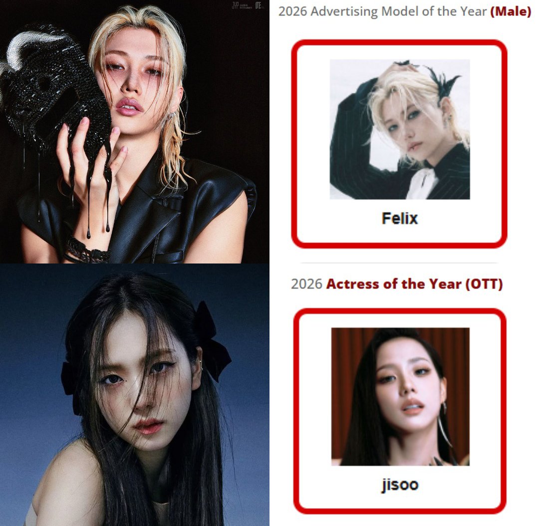 KIMJISOOVT's tweet photo. [🗳️] BOTY 2026 COLLAB

We are please to announce our collab with @FLXCentral for Brand of The Year 2026!

- Felix (필릭스) Advertising Model of the Year
- Jisoo (지수) Actress of the year (OTT) 

GOAL: 100 SS PROOF
#JISOOxFELIX_BOTY2026

🔗 https://t.co/gfB1WmLFXP https://t.co/yOoaCloKzf