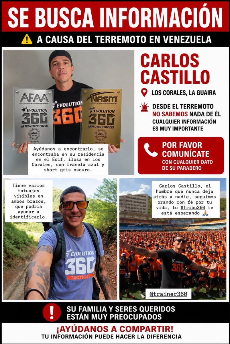 cheo070777's tweet photo. 28Jun | Los Corales, La Guaira, Venezuela

SE SOLICITA INFORMACIÓN SOBRE SU PARADERO

Se busca información sobre Carlos Castillo, quien se encontraba en su residencia al momento del terremoto ocurrido en La Guaira.

📍 Última ubicación conocida:
Edificio Ilosa, sector Los Corales, estado La Guaira.

Al momento de ser visto por última vez vestía franela azul y short gris oscuro. Como característica particular, tiene varios tatuajes visibles en ambos brazos, lo que podría ayudar a su identificación.

Si tienes información sobre su paradero o lo has visto después del sismo, comunícate de inmediato con sus familiares o con las autoridades de rescate en la zona.

🙏 Comparte esta publicación. Cada dato puede ser fundamental para ayudar a localizarlo y reunirlo con su familia, que continúa esperándolo con esperanza.