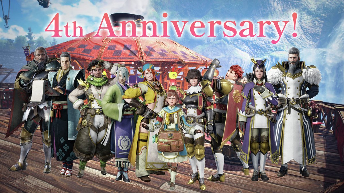 MH_Rise_JP's tweet photo. 🎉祝！4周年🎉

全てのハンターの皆様のおかげで『モンスターハンターライズ：サンブレイク』は本日4周年目を迎えました！🙌
いつもプレイしていただき誠にありがとうございます！

これからも「カムラの里」、「観測拠点エルガド」での狩猟生活をお楽しみください！
#モンハンライズ #MHサンブレイク https://t.co/Ur202ke4FT