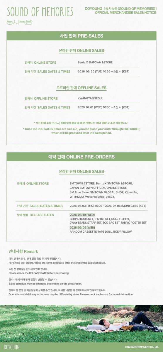 NCTsmtown's tweet photo. 🍀 동시녹음 (SOUND OF MEMORIES) OFFICIAL MERCHANDISE SALES NOTICE

📮 Find Out More 
https://t.co/HLZewfVizD
https://t.co/exEmfQ3Ngt

[판매 기간 / SALES DATES & TIMES​]

▶ 사전 판매 PRE-SALES
온라인 판매 ONLINE SALES  : 2026. 06. 30 (TUE) 10:30 ~ 소진 시 [KST]
오프라인 판매 OFFLINE SALES : 2026. 07. 01 (WED) 10:30 ~ 소진 시 

▶ 예약 판매 ONLINE PRE-ORDERS
 온라인 판매 ONLINE SALES : 2026. 07. 03 (THU) 15:00 - 2026. 07. 06 (MON) 23:59 [KST]

EVERYTHING, ALL AT ONCE, NEO
https://t.co/8JAOtuAgUy

#DOYOUNG #도영
#SOUNDOFMEMORIES
#NCT #NCT127
#NCT_10TH_ANNIVERSARY