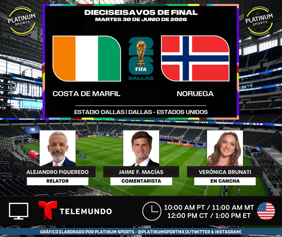 PlatinumSportMX's tweet photo. ⚽️ #Mundial2026 | 🇨🇮 #CostaDeMarfil vs. #Noruega 🇳🇴
🇺🇸📺 @Telemundo
🇺🇸📱💻 @peacock
🎙️ @afigue2010
🎙️ @Jaimefmacias
🎙️📝 @verobrunati

#MundialTelemundo https://t.co/KjoD4nE4YO