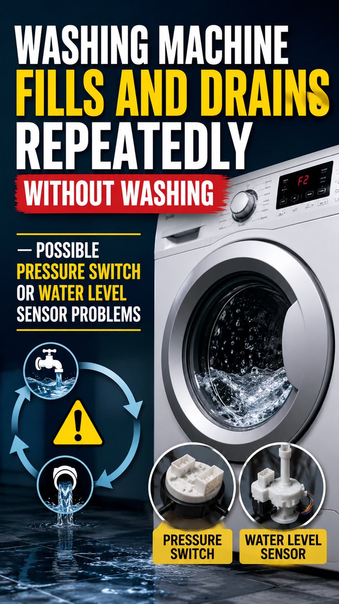 Repair_servicee's tweet photo. Washer Keeps Filling and Draining Without Washing?
A faulty pressure switch, water level sensor, clogged pressure hose, or control board issue may prevent the wash cycle from starting. Don't waste water or risk further damage. https://t.co/E8kAjZvsmC