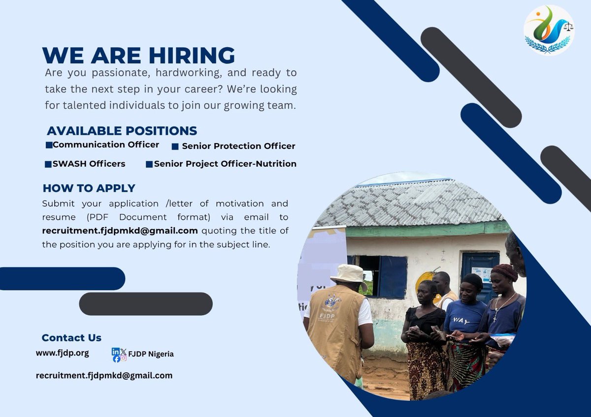 fjdpnigeria's tweet photo. We’re Hiring!
We invite applications from suitably qualified candidates to fill various positions within our organization.
Apply here: https://t.co/kiOSKZH1Er
#Vacancy #FJDP #Application https://t.co/fQkpn7AZN0