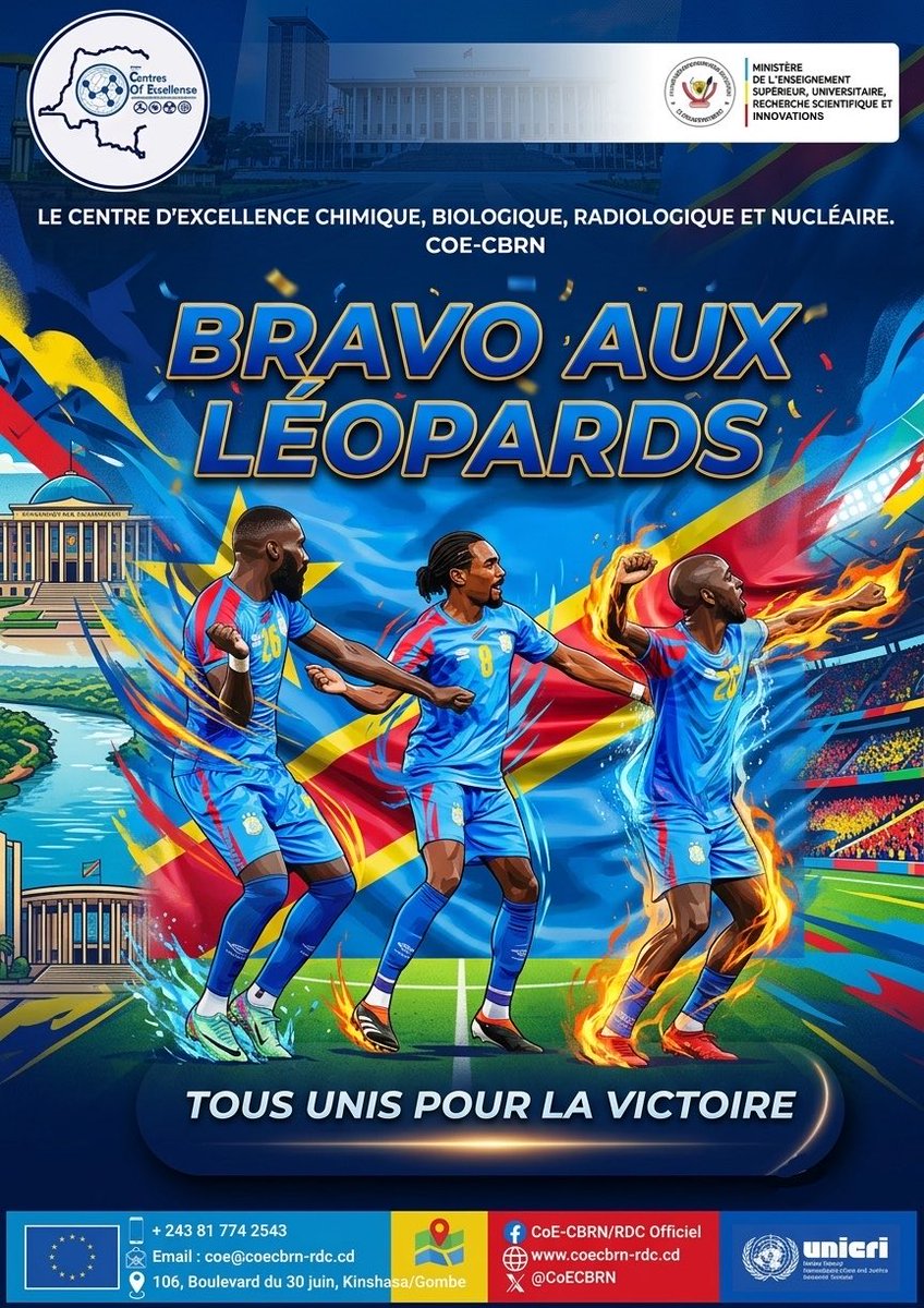 CoECBRN's tweet photo. Le CoE-CBRN/ RDC tient à exprimer ses chaleureuses et sincères félicitations aux vaillants Léopards de la RDC. 
Leur détermination et leur esprit d’équipe font la fierté de toute la nation ! https://t.co/6rTgFFhDBz