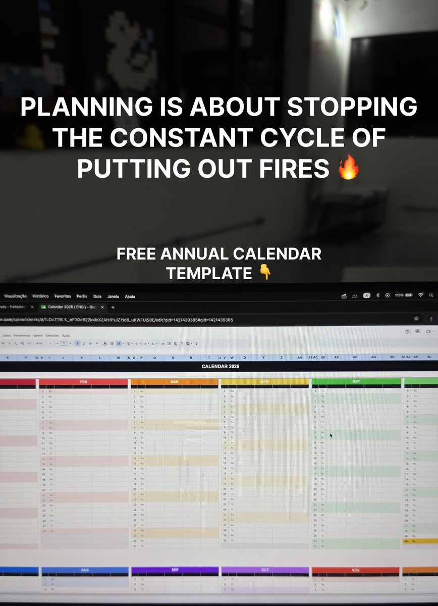 _thatsthepeter's tweet photo. Every Sunday, I do the most "boring" task of my week.

At the same time, it's also the most valuable. You should do it too. 🫵

Planning is about stopping the constant cycle of putting out fires.

I spent years helping companies and brands grow by building strategies, calendars, and roadmaps. But it took me a long time to realize I wasn't putting that same level of intention into planning my own life.

Everything changed when I started organizing my entire year.

Now I can clearly see:

→ Events and trips.
→ Deep work blocks.
→ Meetings on specific days.
→ Product launches and projects.
→ Important dates and seasonal opportunities.

Having a full-year view helps me make better decisions, focus on what actually matters, and avoid the feeling that I'm always playing catch-up.

It doesn't mean everything will go exactly as planned.
It means I know where I'm going.

If you'd like to try it yourself, I've shared the exact template I use for free.

LINK IN THE COMMENTS 🫡