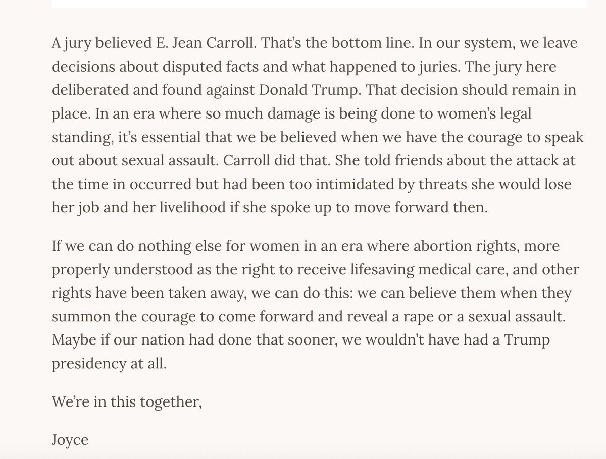 JoyceWhiteVance's tweet photo. When the 2nd Circuit affirmed E. Jean Carroll's $83.3 million verdict against Trump (the case that's still on appeal, not the one the Court ended by refusing to hear it today) I wrote this. It's still true. Woman are still fighting for rights &amp; privileges men take for granted. https://t.co/uL32DDMS3Y