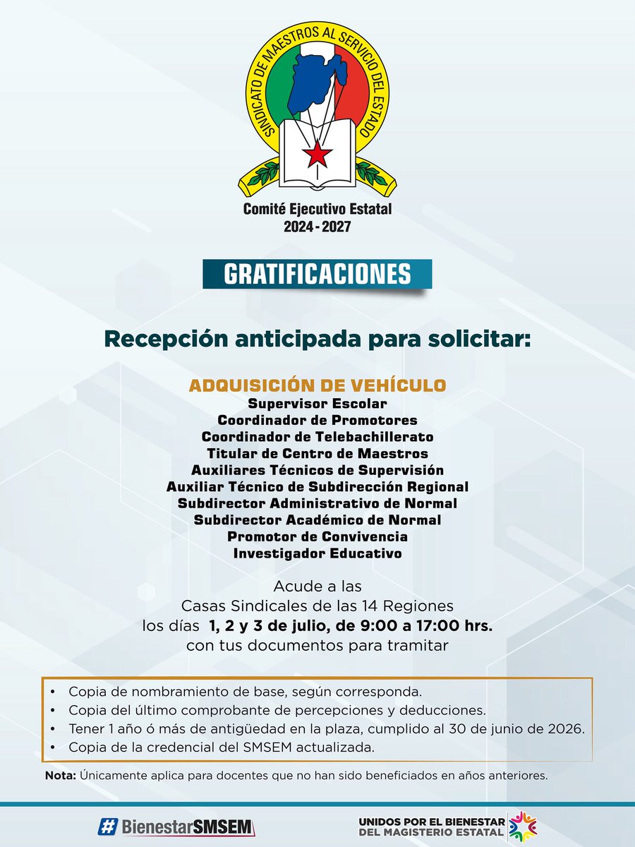 SMSEMmx's tweet photo. ¿Solicitarás apoyos por adquisición o mantenimiento de vehículo? Considera la siguiente programación. En la dirigencia del Prof. Jenaro Martínez Reyes, Secretario General del #SMSEM, optimizamos los procesos de atención.

¡Unidos por el Bienestar del Magisterio Estatal! https://t.co/yBgfSoDdWE