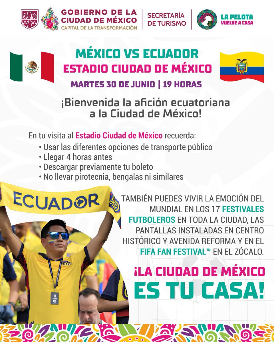 turismocdmx's tweet photo. ¡Bienvenida la afición ecuatoriana a la
Ciudad de México!🇲🇽🇪🇨
Te compartimos estas sugerencias:
🚌Utiliza transporte público y llega con anticipación🎉¿No tienes boleto?Te esperamos en los Festivales Futboleros, FIFA Fan Festival Zócalo, Paseo de la Reforma y Centro Histórico. https://t.co/r3Lz3bnh73