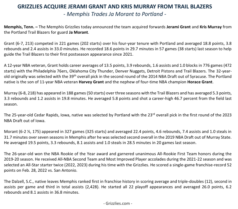 GrizzliesPR's tweet photo. The @memgrizz today announced the team acquired Jerami Grant and Kris Murray from the Portland Trail Blazers for Ja Morant. https://t.co/M1fsDUfnQQ