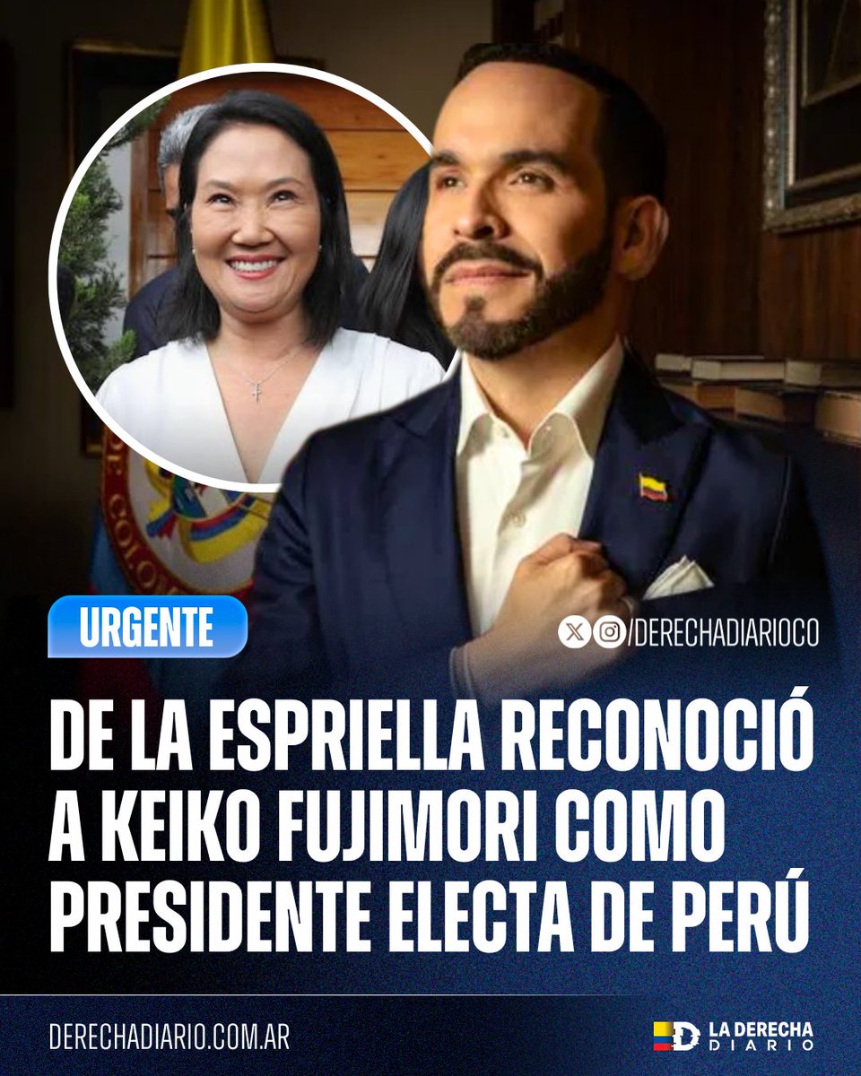 DerechaDiarioCO's tweet photo. 🚨🇨🇴🇵🇪 | LA DERECHA AVANZA: El presidente electo @ABDELAESPRIELLA  reconoció a la derechista Keiko Fujimori como presidente electa de Perú y la felicitó por su victoria.

"Colombia y Perú estarán guiados por gobiernos que defienden la democracia, la libertad, el Estado de derecho y el respeto por las instituciones."