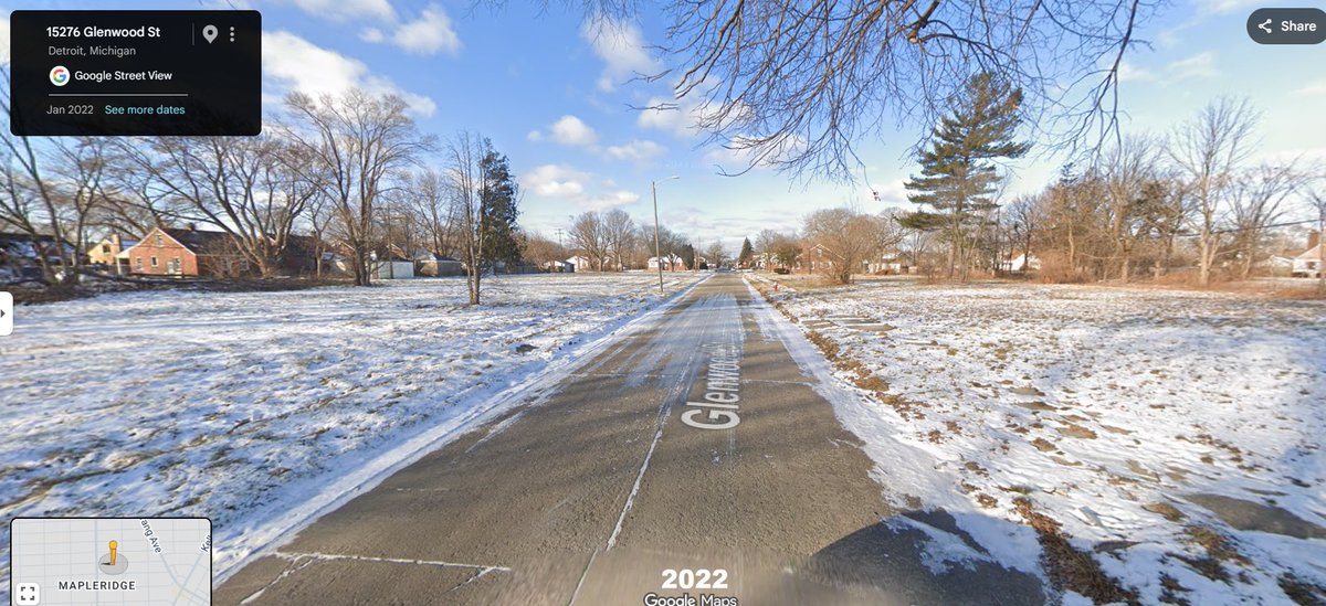 DetroitStreetVu's tweet photo. #Detroit, Glenwood St, 2009-2022. This block, located in the Maplewood neighborhood near 7 Mile & Gratiot, was fairly stable into the 21st century. Once the 2007-09 recession and proceeding foreclosure crisis hit, its decline was rapid. It didn't take long for the homes on this once middle class street to disappear.