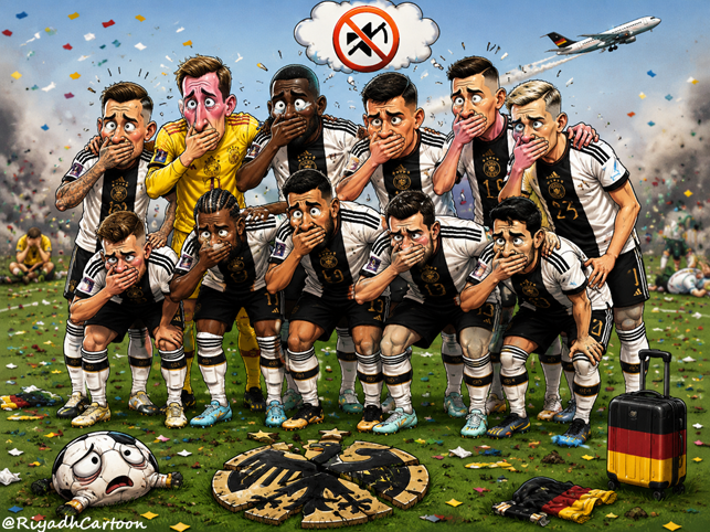 RiyadhCartoon's tweet photo. #Germany’s defeat is not merely the exit of a great team; it is a lesson that history does not play matches on behalf of its owners.
In football, as in life: whoever lives on his name may one day wake up to a result that does not recognize names.
#Paraguay
https://t.co/LzHPE2T2Qj https://t.co/ic8ohDfhnt
