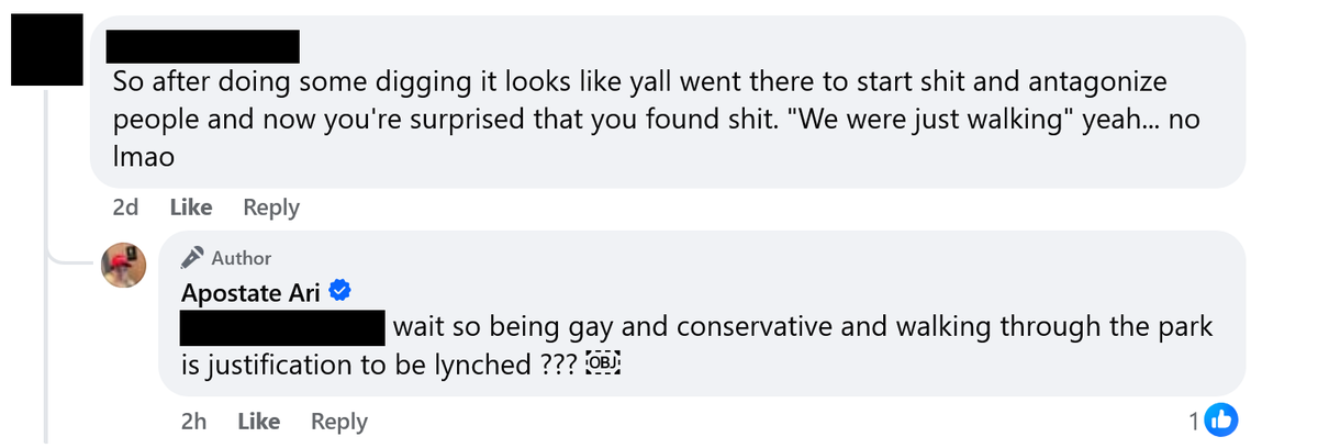 smith_john560's tweet photo. @legaltweetz Now the story is that Ari Laureano, Hendrix Moise, and Leta Boylan were just "being gay and conservative and walking through the park." They were "lynched"?

Seems they were sitting down to smoke/vape and film, discussing who they were filming, exchanging words, and it escalated. https://t.co/req6cB2cHY