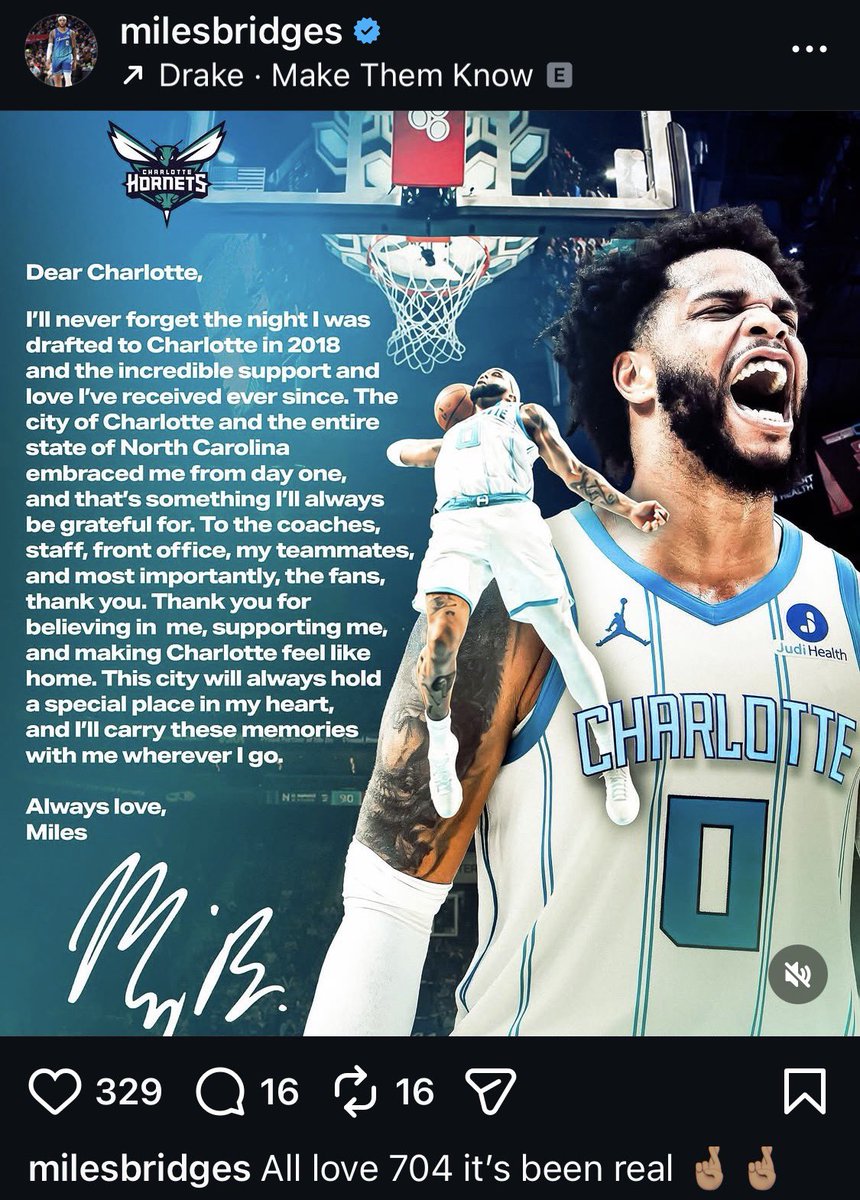 SleeperHornets's tweet photo. Miles Bridges shares a letter to Charlotte on his latest IG post⬇️

Best of luck in Phoenix, @MilesBridges.. You’ll always have a home in the 704💜 https://t.co/lqn5Ne8aPk
