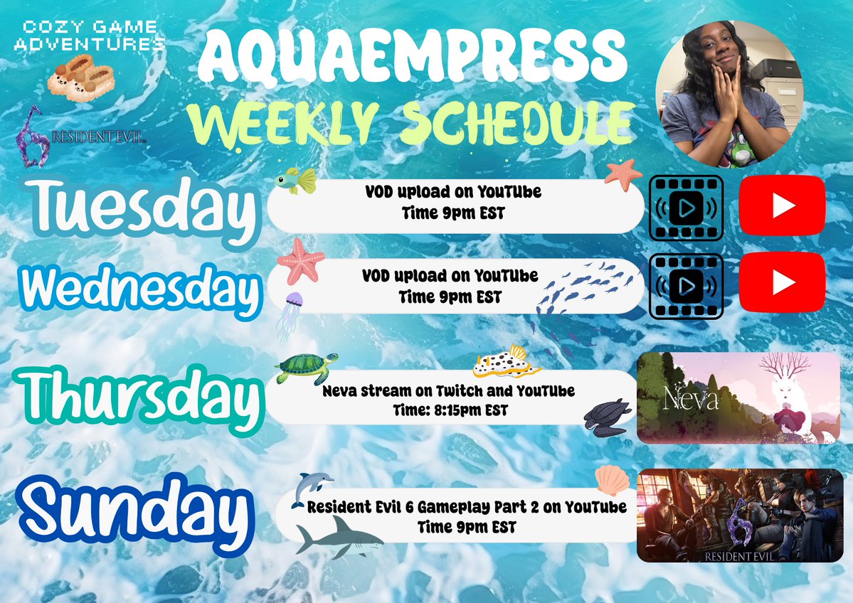 aqua_empress's tweet photo. Heyy Aquamariners here is my schedule for this week! Sorry for no RE6 last weekend, I was really busy. But I hope to drop it this weekend. Stay tuned! ππ©΅#RoyalENT #RealmCreator #BunniiGang #YouTubeCreator
π: https://t.co/JXoPb8EXEG
π: https://t.co/gD3vaKNzIg https://t.co/9DNrCXlzNC