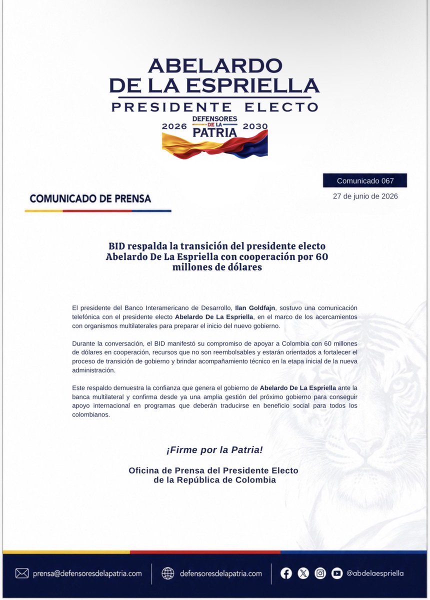 SofyCasas_'s tweet photo. 🛑 URGENTE | El presidente electo @ABDELAESPRIELLA anunció que el Banco Interamericano de Desarrollo (BID) respaldará el proceso de transición de gobierno con US$60 millones en cooperación no reembolsable.

Los recursos estarán destinados a fortalecer el proceso de empalme, brindar acompañamiento técnico a la nueva administración y apoyar la implementación de programas prioritarios desde el inicio del gobierno.

@defensoresco @RevistaSemana @ELTIEMPO @BluRadioCo @lafm @elheraldoco @elpaiscali @ElUniversalCtg @infobaecolombia @infobaeamerica @elcolombiano @elespectador