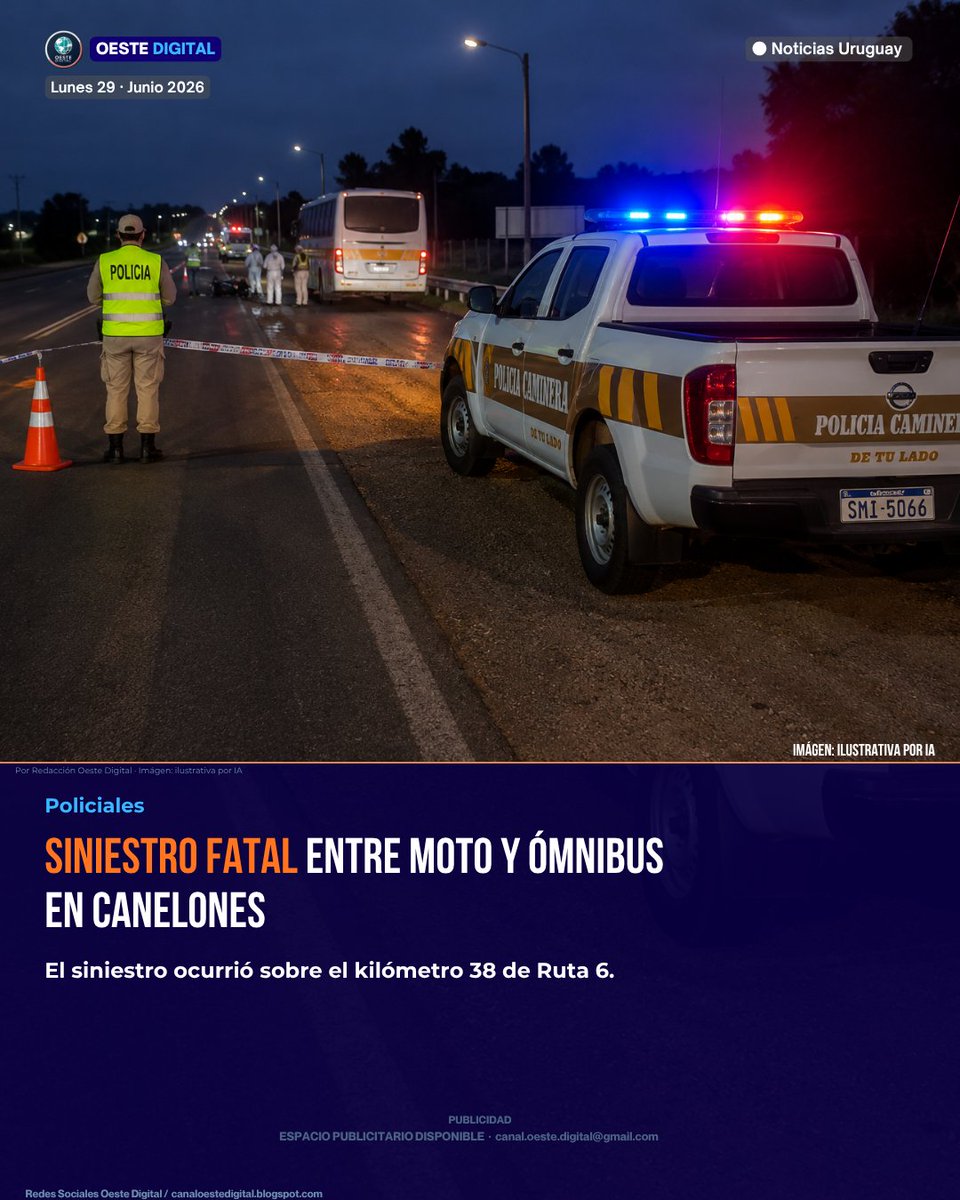Oeste_DigitalUY's tweet photo. Dos personas fallecieron y un niño resultó gravemente herido tras un choque entre un ómnibus y una moto en el km 38 de Ruta 6, en Canelones. Investigan las causas del siniestro.
#Canelones #Ruta6
Nota completa 👇
https://t.co/v5utNhd6ED https://t.co/FvPlhILzH1