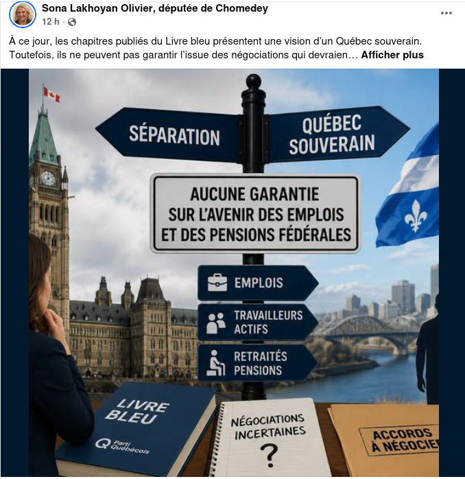 SpockPQC's tweet photo. Selon Sona Lakhoyan-Olivier, le choix est entre la séparation et un Québec souverain.
#ImagesIA https://t.co/J7KesTsBwb