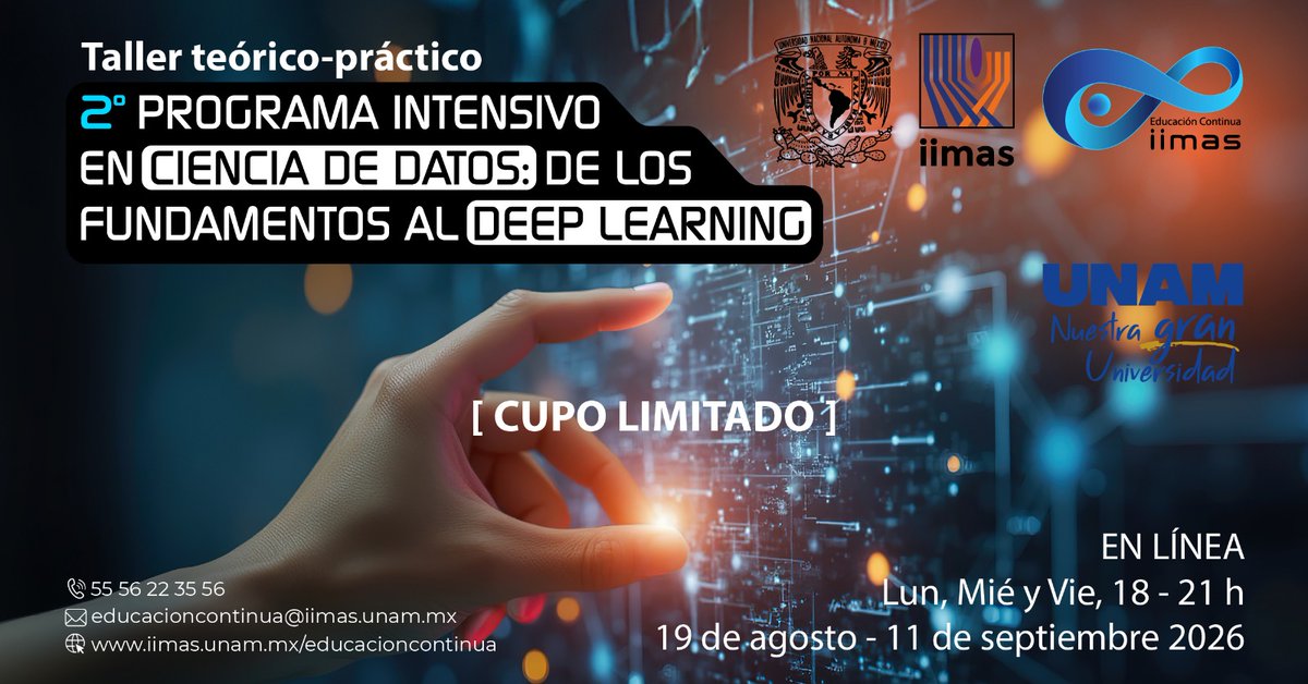 IB_UAMI's tweet photo. La Unidad Académica del IIMAS en Yucatán, UNAM invita a la comunidad a participar en el:

2º Programa Intensivo en Ciencia de Datos: De los Fundamentos al Deep Learning https://t.co/gbuQZ5sSBo