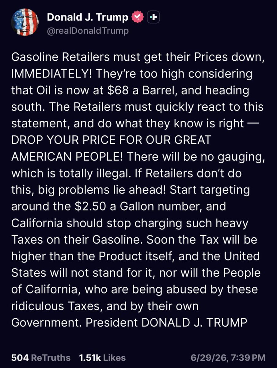 AlertaNews24's tweet photo. 🇺🇸 | AHORA: URGENTE: El presidente Trump le dice a los minoristas de gasolina que “bajen sus precios de inmediato” o habrá “grandes problemas por delante.” https://t.co/5xbYBnTJX4