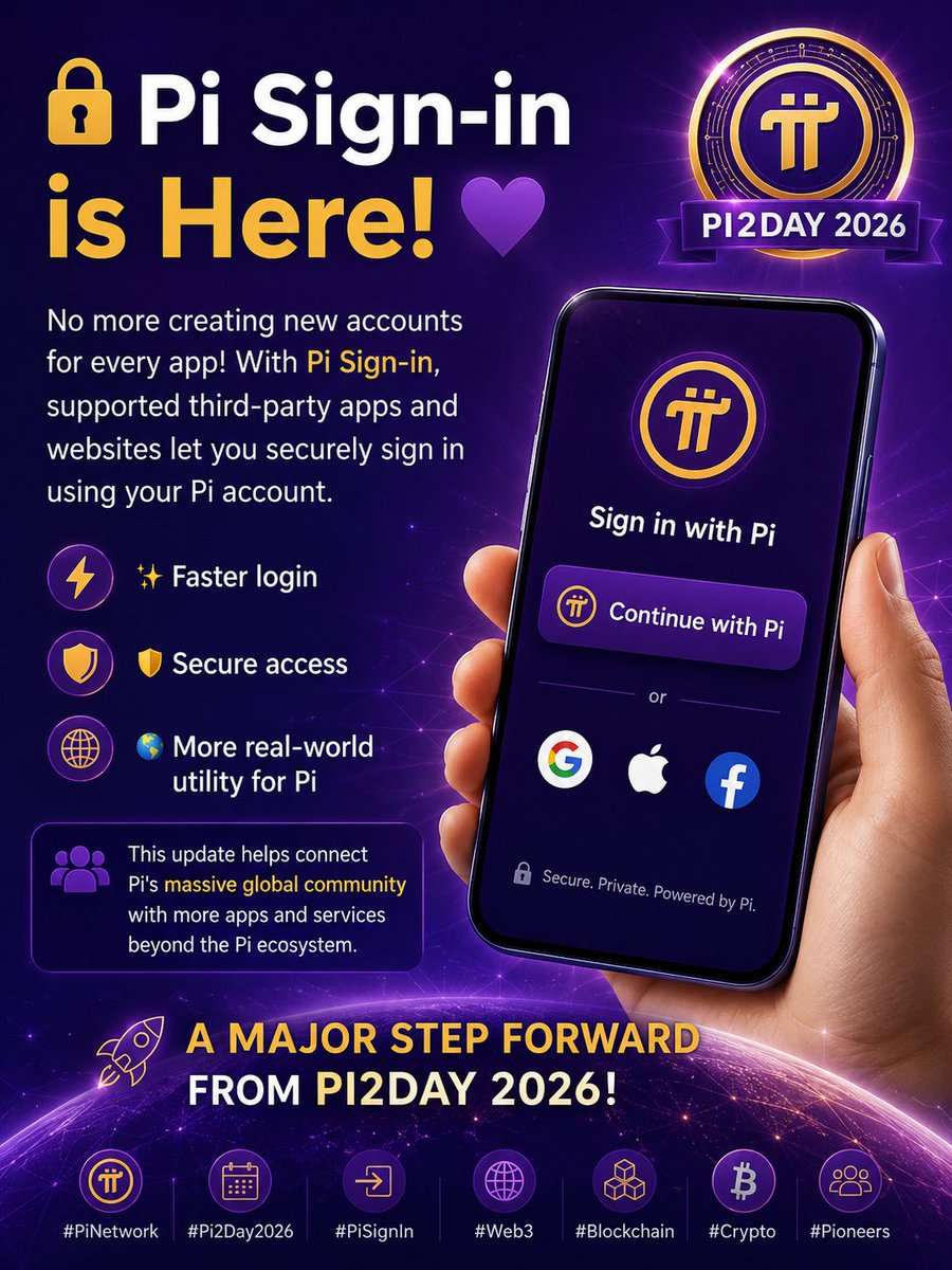 santosinakatomo's tweet photo. 🔐 Pi Sign-in is Here! 💜

No more creating new accounts for every app! With Pi Sign-in, supported third-party apps and websites let you securely sign in using your Pi account.

✨ Faster login
🛡️ Secure access
🌍 More real-world utility for Pi

#PiNetwork #Pi2Day2026 #PiSignIn https://t.co/XSnCCXWIJ4