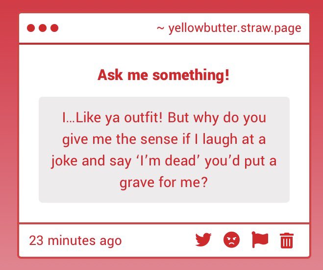CornFlowerEatr's tweet photo. *aww shucks thanks!

*wait…are yous acktually dead?

*a-and it’s mine own fault? https://t.co/7KSDrBuGpG