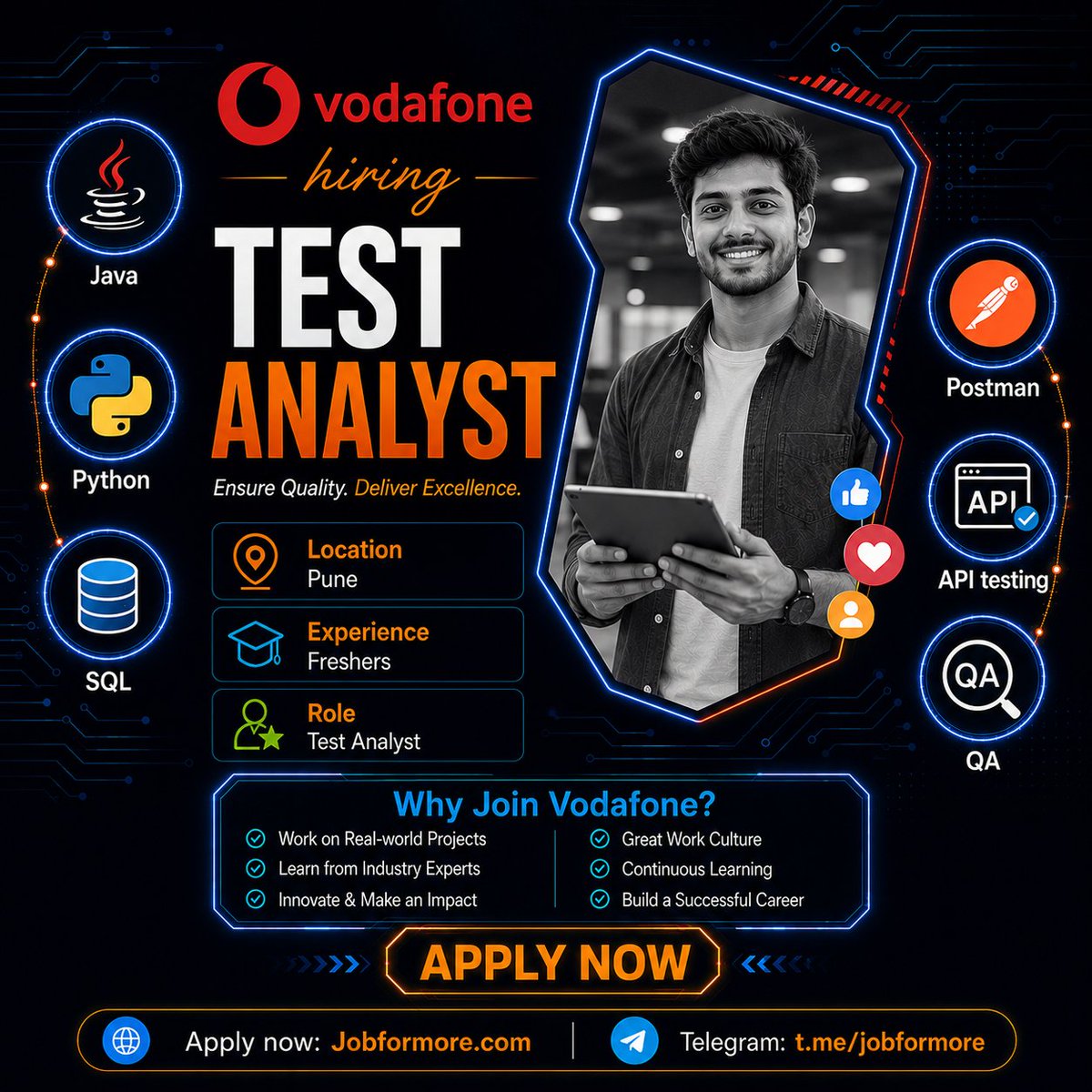 jobformore's tweet photo. 🚀 Test Analyst @ Vodafone
📍 Pune | Freshers
🎓 Computer Science / IT
🛠️ Java, Python, SQL, Postman, API testing, QA
#Jobformore #Vodafone #TestAnalyst #FreshersJobs #TechJobs
Apply: https://t.co/46SqsIknFe https://t.co/fd5SoXDvqv