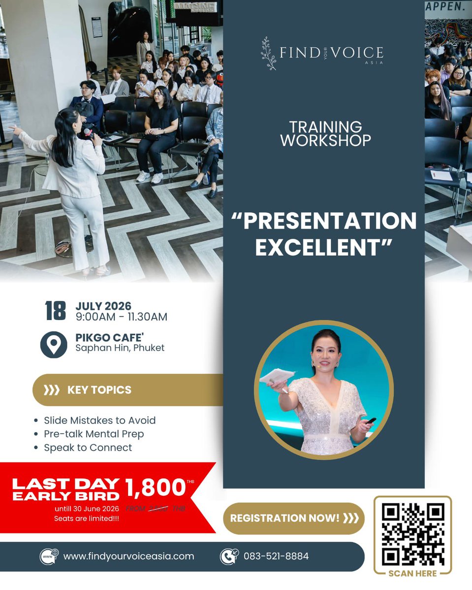 FindVoiceAsia's tweet photo. 🔥 Last day to get early bird prices!!!

Join Presentation Excellence, an interactive hands-on workshop hosted by Able Wanamakok [Award-Winning Communications &amp; Confidence Coach | Featured on Forbes &amp; TEDx]

Register: https://t.co/ou7x8NsBsp
Time: July 18, 2026 | 9:00–11:30 AM https://t.co/fK1cv6BTXP