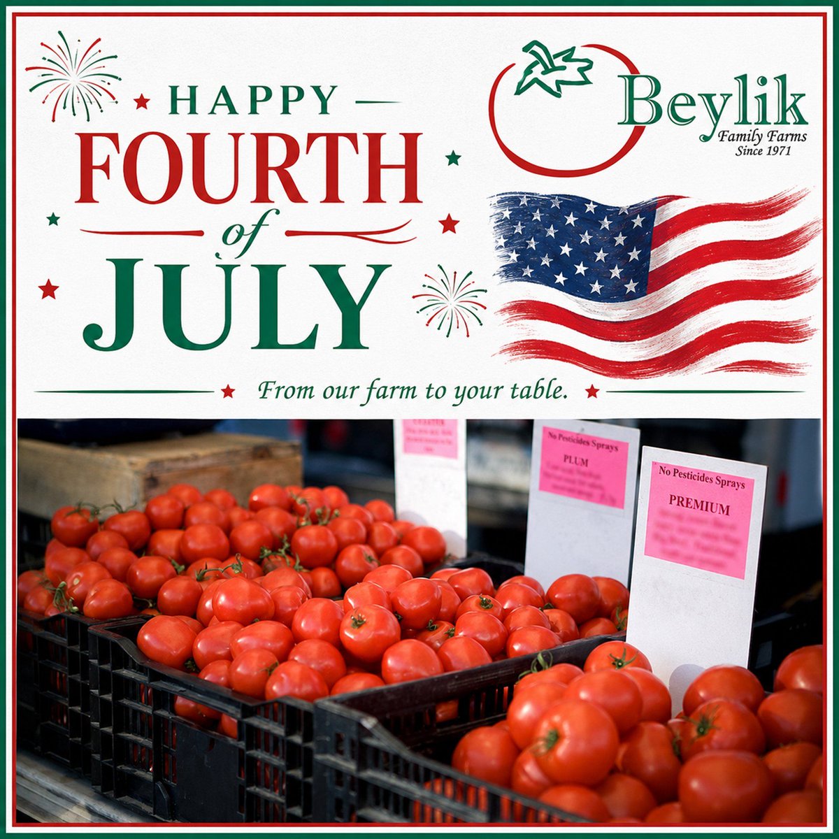 BeylikFarms's tweet photo. Happy 4th of July! We’ll have our award-winning tomato varieties for you this week including Big Beef, San Marzano, Yellow &amp; Japanese. We’ll also have farm-fresh hot &amp; sweet peppers, summer squash, &amp; our crisp and perfect Persian cucumbers! Market info at https://t.co/UJFTXk0vz8 https://t.co/utmv1hv5NL