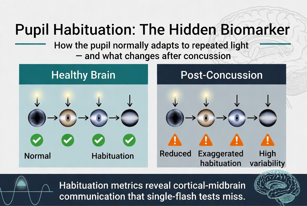 Prof_Bryan_'s tweet photo. We have sideline tablets, apps, and protocols for everything… except the one measurement that’s been validated in actual brain injury care for decades? Can anyone tell me why? 🤔

Post-concussion pupil changes include anisocoria (unequal pupils), dilated or constricted pupils and slower reaction to light.

Even more telling is abnormal pupil habituation, the pupil fails to adapt normally to repeated light flashes.      

This reflects disrupted brainstem, autonomic, and cortical networks. The injury doesn’t damage the eye, it disrupts the brain’s control of the pupil.

Quantitative pupillometry gives us objective numbers:  
Resting size
Constriction speed
Habituation Recovery time
Portable. 
Sideline-friendly. Repeatable.

How many more papers and decades of data do we need before someone says, ‘Hey, maybe we should actually use the pupil test we already know works’?

#Concussion #SportsMedicine #Pupillometry #Football #TBI
