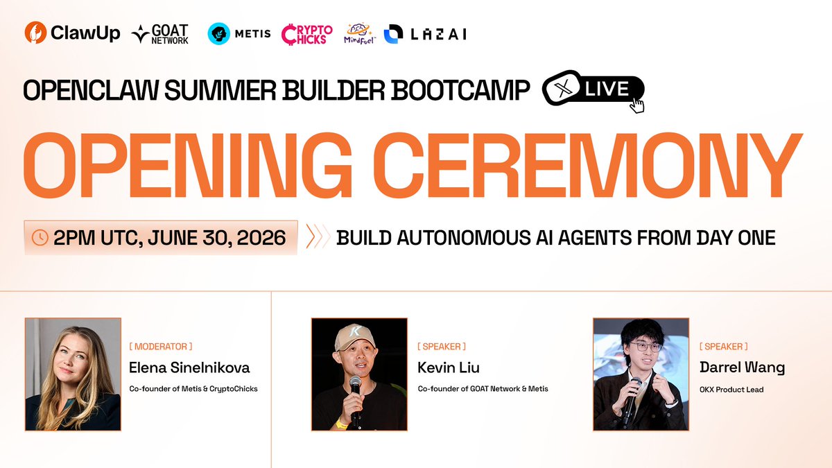 LazAINetwork's tweet photo. OpenClaw Summer Builder Bootcamp Opening Ceremony starts at 2 PM UTC on June 30.
Your first step to shipping autonomous AI agents that actually earn.

Watch live:
X: @MetisL2 
YouTube: https://t.co/qeoIVdNRoN
Featuring:
@ElenaCryptoChic  on the 8-week roadmap
@kevinliu  on AgentKit and gift cards
@zhw92780139  on @okx  AI
Plus: why every agent needs blockchain infra-identity, payments, ERC-8004, x402, Metis & GOAT.