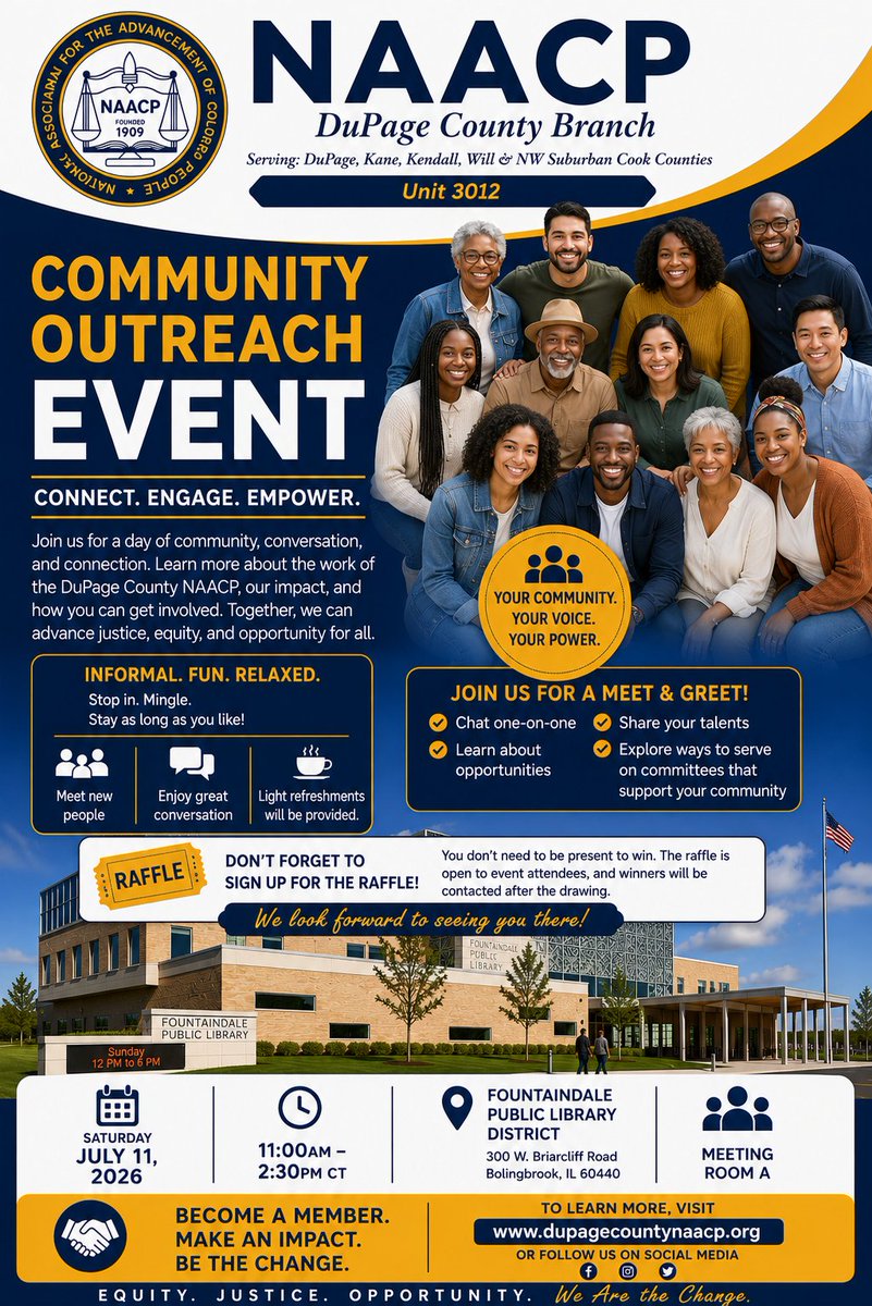 NaacpDuPage's tweet photo. 🌟Join Us for a Community Outreach Event!🌟
The DuPage County NAACP invites you to a fun, informal, and relaxed community gathering where you can meet local leaders, learn about the work we're doing, and discover how you can make a difference in your community! #naacp #Illinois https://t.co/aIoSBk2auD