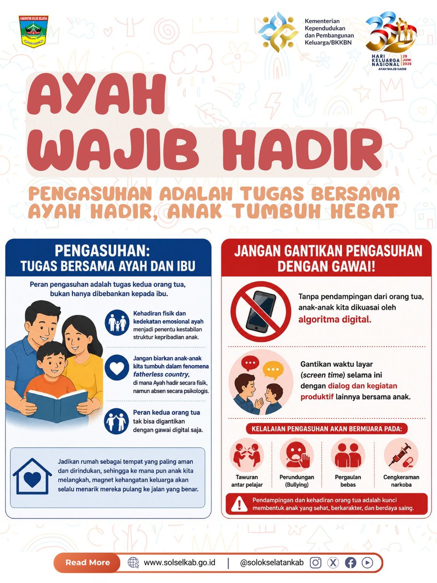 solokselatankab's tweet photo. 𝗔𝘆𝗮𝗵 𝗪𝗮𝗷𝗶𝗯 𝗛𝗮𝗱𝗶𝗿 bukan sekedar slogan, ini adalah gerakan parenting yang mengajak setiap ayah untuk hadir secara utuh dalam kehidupan anak, bukan hanya sebagai pencari nafkah, tetapi juga sebagai pendidik, pelindung, sahabat, dan teladan.

#solsel #solokselatan https://t.co/YWav7olg4Q