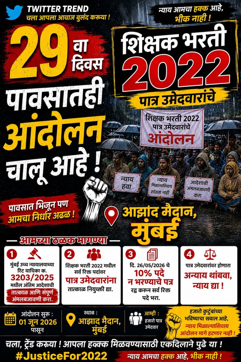 MuleSawata's tweet photo. #शिक्षकभरती2022 पूर्ण करा म्हणून आम्ही 1 जून पासून आझाद मैदानावर आंदोलन करत आहोत न्याय मागण्या असून सुद्धा पावसातही गरीब गुणवंत उमेदवारांना नाहक त्रास हे सरकार देत आहे 
 @Shivsenaofc @yuvasenaofc @Dev_Fadnavis @mieknathshinde @DrSEShinde @kiranjpawaskar https://t.co/uXc7qbKsST