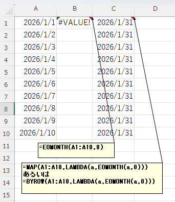 accounting_jim's tweet photo. たまにしか使わないのでその度に思い出すんですが、EOMONTH関数は単独ではスピルしてくれないんですね。なのでMAPかBYROWの助けを借りるという。ちなみにEOMONTHはイータ縮小ラムダとしては使えなかった。引数が二つあるから？ https://t.co/oCZ0gh0UMy
