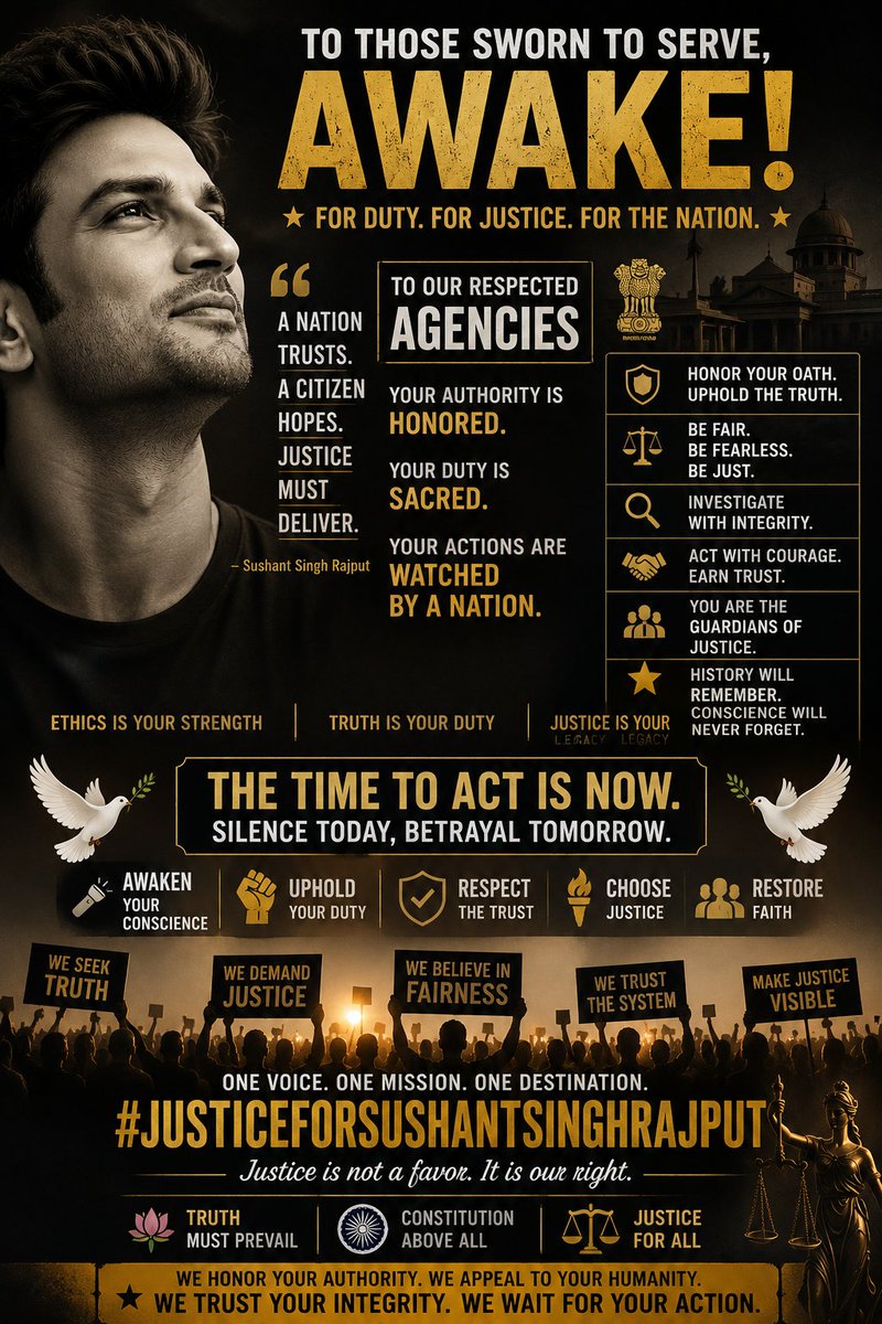 itsShweta211031's tweet photo. First Step Towards Justice4SSR 
TO THOSE SWORN TO SERVE, AWAKE!

@CBIHeadquarters
Honor Your Oath
Uphold The Truth
Be Fair
Be Fearless
Be Just

Investigate With Integrity
Act With Courage
You Are The Guardians Of Justice

#JusticeForSushantSinghRajput
Not Favors,It Is Our Right✊ https://t.co/JJYppTdbl6
