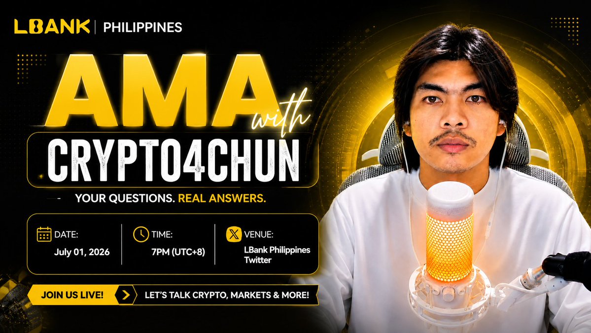 LBankPH's tweet photo. 🚨 Upcoming X Space 🚨

🎙️ AMA with CRYPTO4CHUN

📅 July 01, 2026 | 🕒 7:00 PM (UTC+8)
🎙️ Host: @LBankPH

🎤 Guests: @Crypto4chun 

Your questions. Real answers. Let's talk crypto, markets &amp; more! No filters, usapang seryoso lang.

👉 Set a reminder: https://t.co/1n8Mynjkck https://t.co/oGjZ9DU7ik