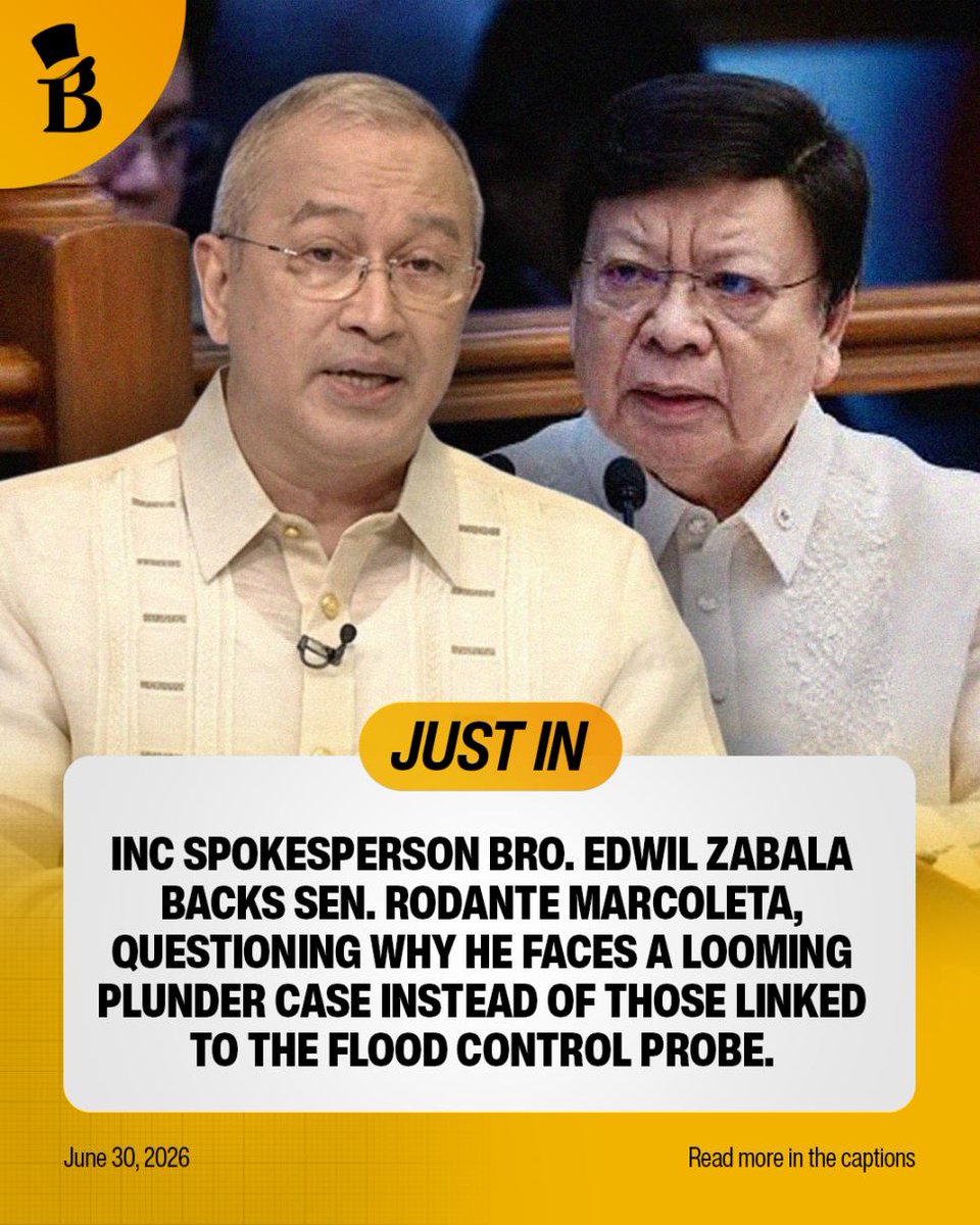 bncdotph's tweet photo. ‘HINDI KAMI TITIGIL SA PAGHINGI NG KATARUNGAN’

JUST IN: Iglesia ni Cristo (INC) spokesperson Bro. Edwil Zabala expresses support for Sen. Rodante Marcoleta, questioning why he is facing a looming plunder case instead of those he had earlier tagged in the Senate’s flood control scandal investigation.

Zabala: Nananawagan kami para sa transparency, accountability, justice, and peace. Kaya nais naming iparinig sa kinauukulan na kahit ipakulong nila si Senator Marcoleta, hindi kami titigil sa paghingi ng katarungan para sa mga kababayan nating ninakawan. | via @hannaaahty, https://t.co/9R0Mcay5im