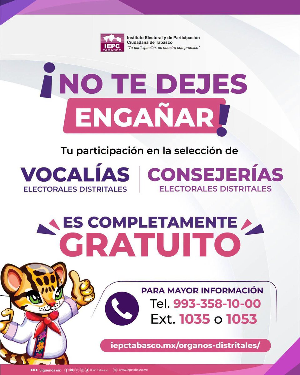 IEPCTabasco's tweet photo. #TomaDato📌 | El trámite para la participación en el procedimiento de selección de las Vocalías y Consejerías Electorales Distritales en el #IEPCTabasco son completamente gratuitos.

¡No te dejes engañar! 

🔎 Conoce más en el micrositio:
https://t.co/qjxrdnvAIf

"Tu participación, es nuestro compromiso"
https://t.co/RbWgyIxj6j
#FakeNews