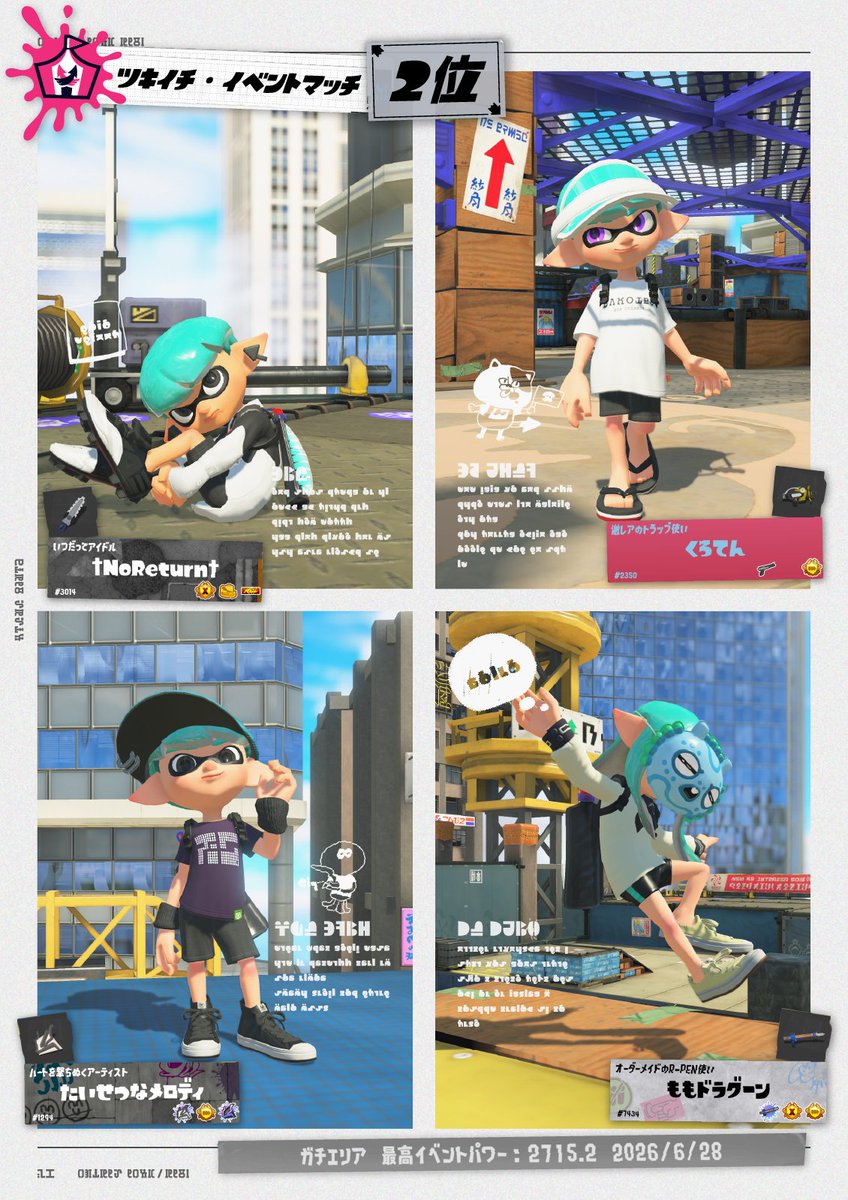 SplatoonJP's tweet photo. 「6/28(日)昼13時～15時」に開催された「ツキイチ・イベントマッチ」の「チーム部門」の上位3チームならびに「ぴったりまんなか賞」を発表するぞ！
おめでとう！
ツキイチ・イベントマッチは次回も開催予定だ。
詳細が決まったらお伝えするので、お待ちいただきたい。 https://t.co/YAi19GYRXL