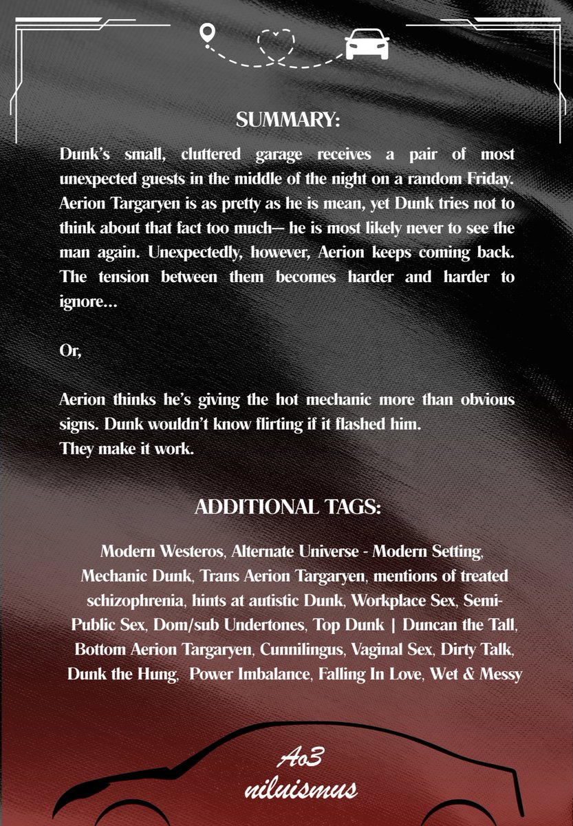yaoismus's tweet photo. mechanic #dunkaerion fic

🔧 Aerion thinks he's giving the hot mechanic more than obvious signs. Dunk wouldn't know flirting if it flashed him. 
They make it work. 🔧

🔧  Modern Westeros
🔧 Workplace Sex
🔧 Top Dunk/Bottom Aerion
🔧 https://t.co/SbbXnS5jfQ https://t.co/6FkqyKUuiV